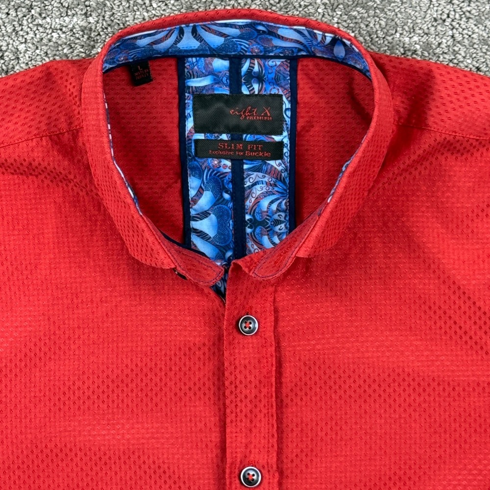 Eight X Premium Button Down Men L Red Slim Fit Paisley Trim Casual Shirt